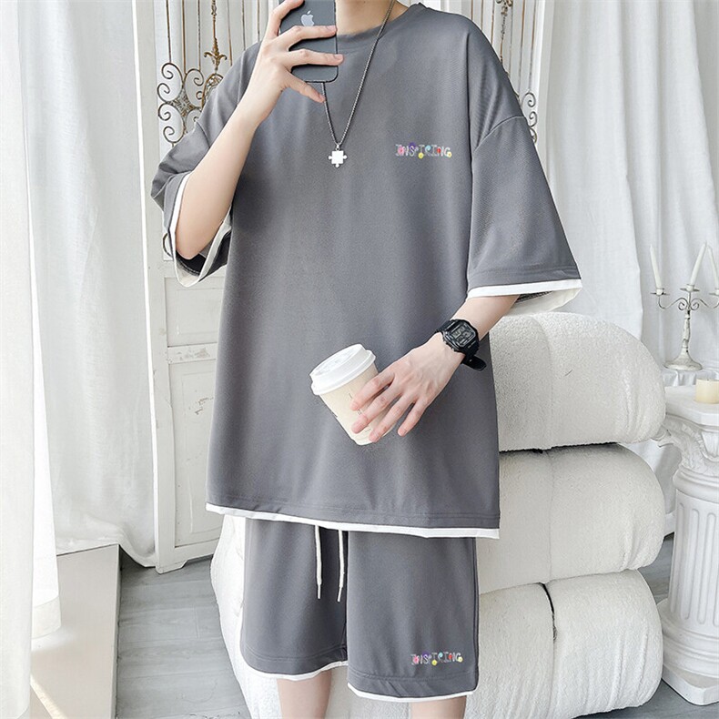 假两件休闲运动短袖套装上衣T3677特P30控58/裤子DK8635特P30控58,男装休闲套装,电商A007