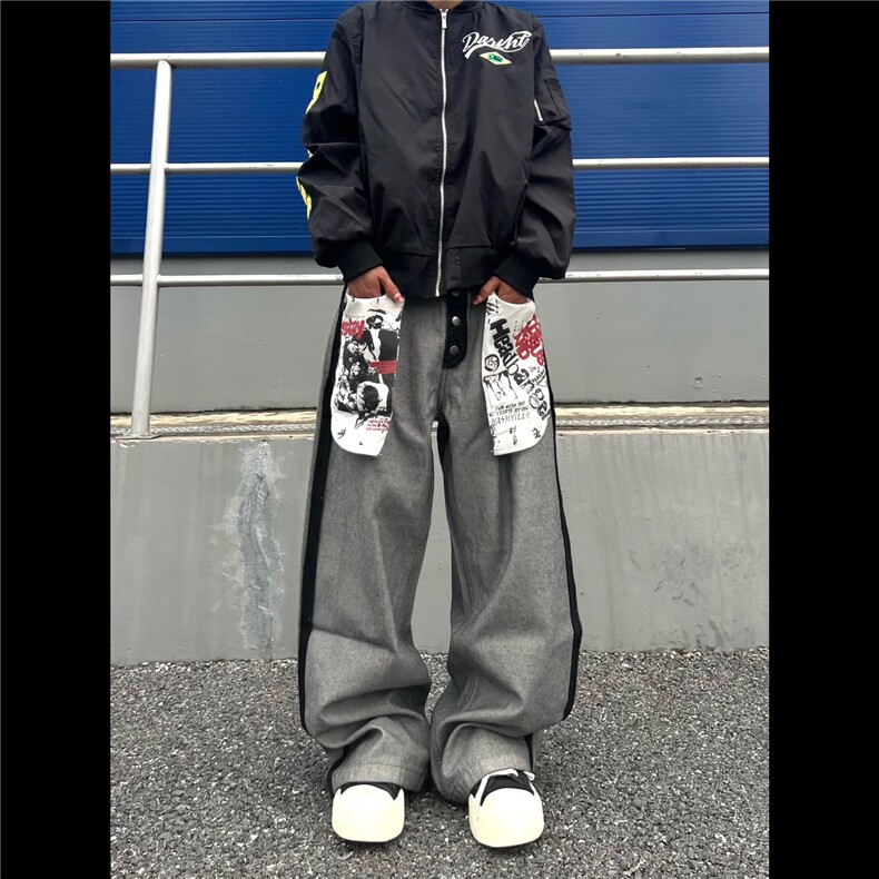 NK1007-P58美式复古做旧大口袋印花牛仔裤男女秋季新款小众,男装牛仔裤,电商B323A