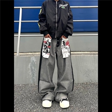 NK1007-P58美式复古做旧大口袋印花牛仔裤男女秋季新款小众，男装牛仔裤，电商B323A