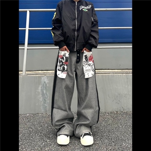 NK1007-P58 美式复古做旧大口袋印花牛仔裤男女秋季新款小众图片