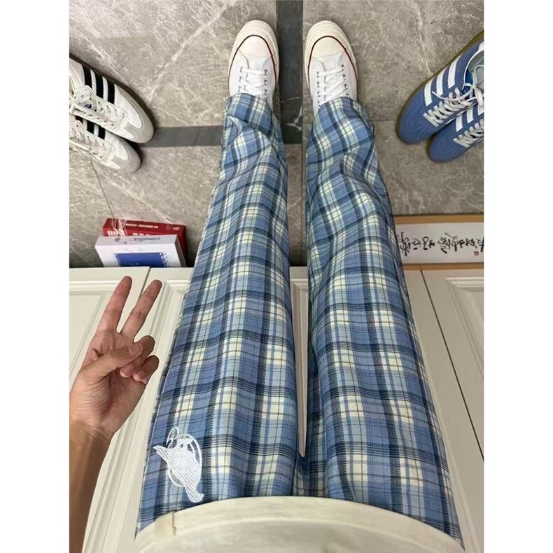 春季蓝色格子裤男女新款情侣直筒裤百搭刺绣休闲裤潮牌LN044-p50,男装休闲裤,星座1008