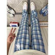 春季蓝色格子裤男女新款情侣直筒裤百搭刺绣休闲裤潮牌LN044-p50，男装休闲裤，星座1008