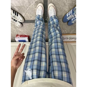 春季蓝色格子裤男女新款情侣直筒裤百搭刺绣休闲裤潮牌LN044-p50图片
