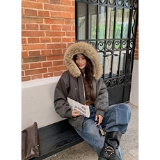 现货重磅boxy短款棉衣座山雕大毛毛领男女棉服水洗工装厚外套，男装棉衣，电商A486-1