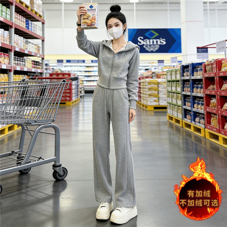 女秋款冬季网红时尚休闲运动套装短款连帽加绒外套阔腿长裤两件套，女装套装/套裙，江南