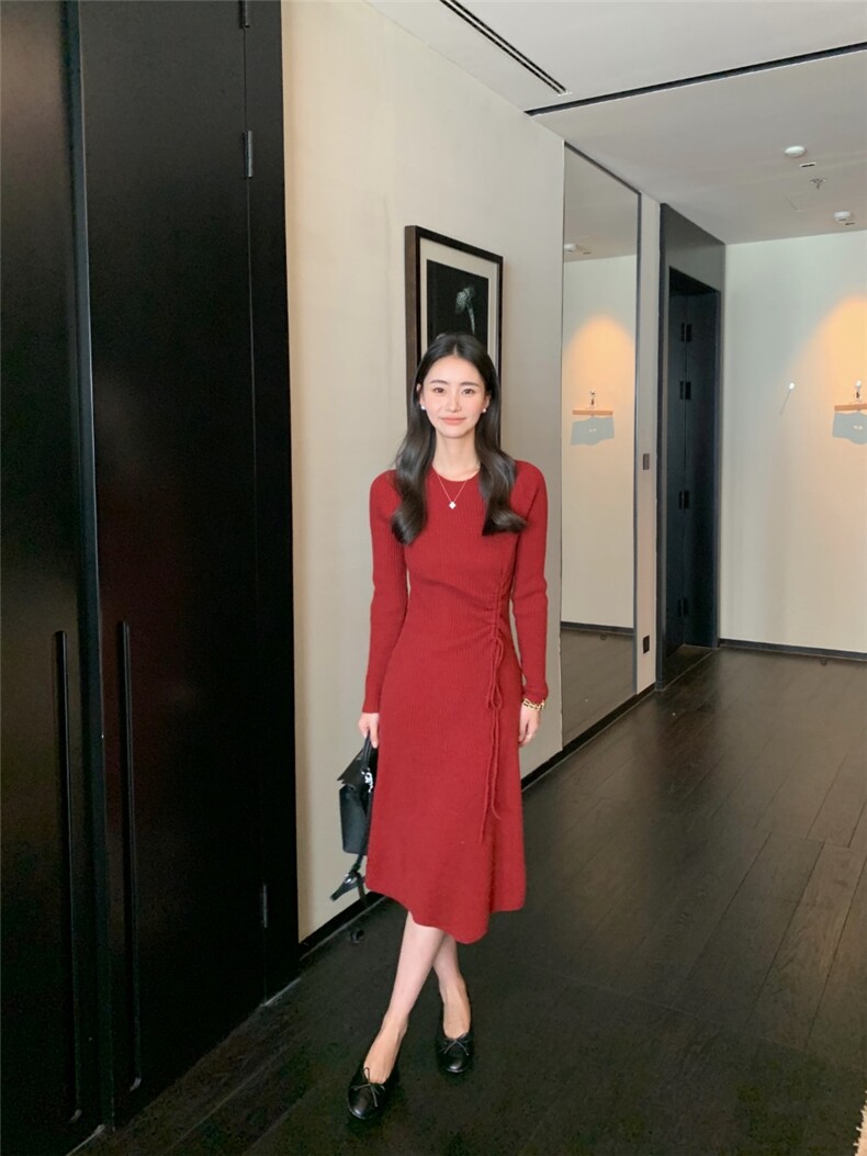 法式连衣裙女秋冬修身纯色套头中长款毛衣裙过膝针织连衣裙子,针织衫/毛衣,玛卡隆羊绒