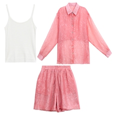 夏季新款天丝防晒衬衫短裤背心三件套时尚减龄2025夏装穿搭一整套，女装套装/套裙，衣之秀