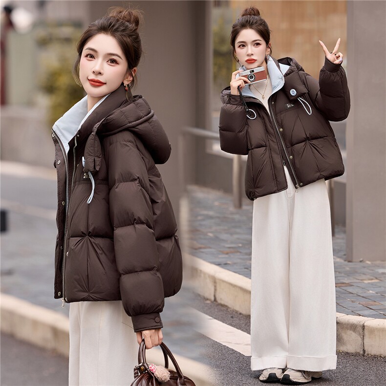 时尚撞色藏青色连帽羽绒服女2025冬季新款洋气宽松保暖白鸭绒外套,女装羽绒服,艾尚靓装