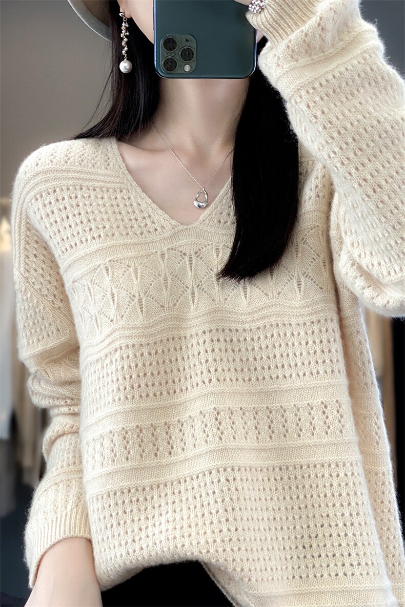 秋季新款镂空V领针织衫纯色毛衣女慵懒风长袖宽松针织,女装羊毛衫,莺澜羊绒