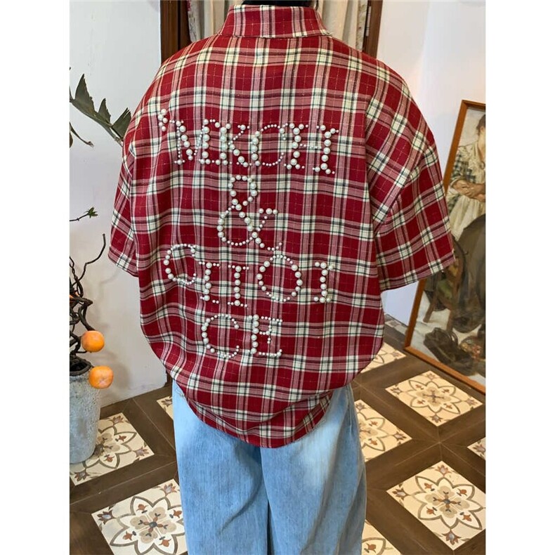 W9958-P60网图现货美式高街高质量钉珠衬衫宽松短袖外套潮,男装T恤,星座1608-2