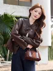 韩风糖果按扣皮衣外套女2026新款春气质小立领PU夹克上衣女外套，女装皮衣，流量+