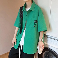 港风ins个性格短袖衬衫男垂感小众五分裤套装工装衬衣TZ0562-P58，男装休闲套装，星座308B-1