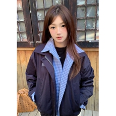 撞色拼接格子假两件夹克外套男女秋季翻领情侣开衫上衣-Y620，男装夹克，星座601-1