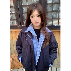 撞色拼接格子假两件夹克外套男女秋季翻领情侣开衫上衣-Y620图片