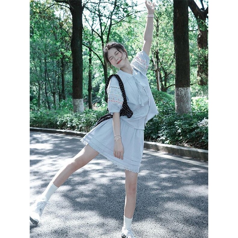 复古新中式风刺绣绑带短袖衬衫+搭配高腰半身裙女两件/套装，女装半身裙，星座1210-1