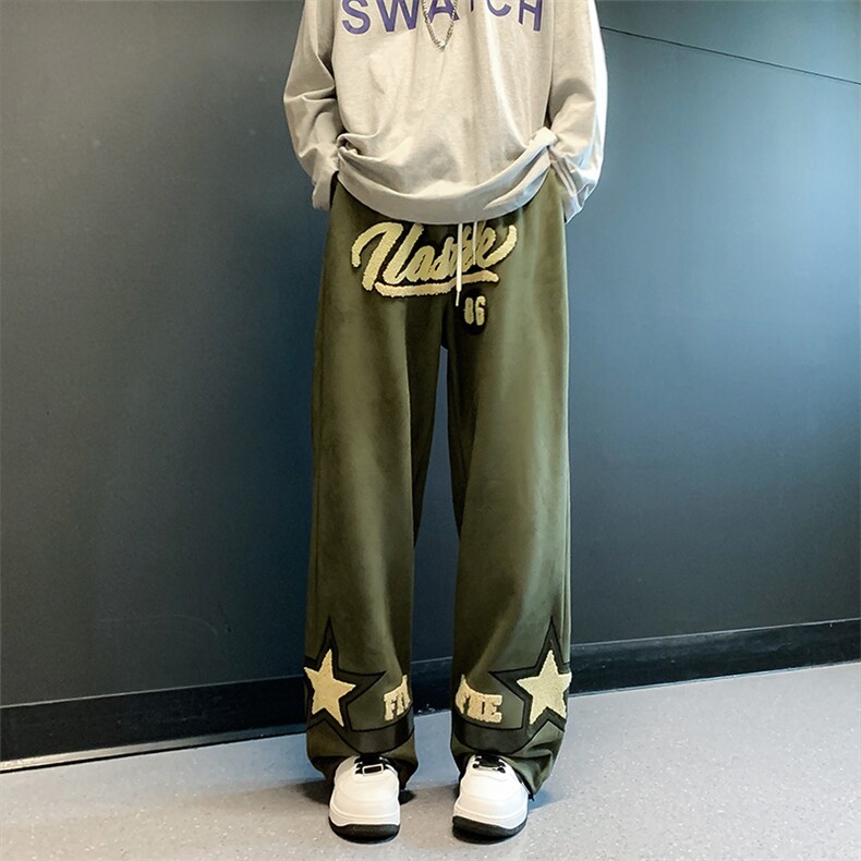 美式复古字母植绒刺绣休闲直筒裤男高街潮牌宽松阔腿长裤K446-p42图片