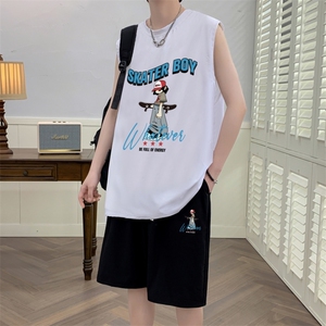 锦氨冰丝布料夏季无袖背心t恤套装透气港风宽松男装DF329P60控78图片