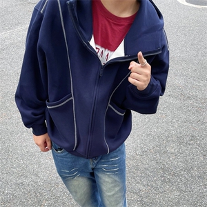 抖音得物高品质秋冬美式高街重磅结构辑明线纹理连帽卫衣外套W111图片