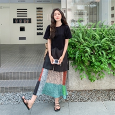 黑色网纱拼接T恤套装女2025夏季新款独特轻熟风撞色半身裙两件套，女装连衣裙，2C029