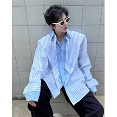 W10430-P48网图现货新款条纹衬衣拼接假两件长袖外套痞帅潮，男装衬衫，星座1608