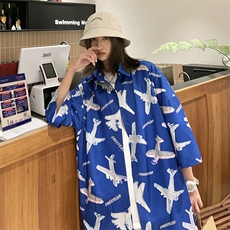 @女类夏季潮流小飞机满印ins衬衫新款冰丝情侣装A071-C35-P38，女装衬衫，电商A071