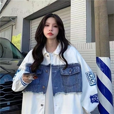 美式复古撞色拼接牛仔棒球服春秋季新款宽松韩版学生百搭外套女潮，女装短外套，星座1210-1