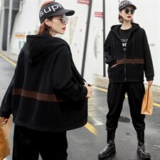 2020冬装新款时尚加绒连帽卫衣开衫外套，女装卫衣/绒衫，深水步