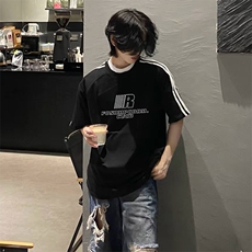 抖音得物高品质二开240克宽松纯棉美式潮牌三条杠织带短袖T恤，男装T恤，电商A486-1