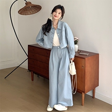 水洗牛仔上衣+阔腿牛仔裤配丝巾三件套2C050-1239-P195-K288，女装套装/套裙，2C050