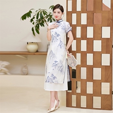 中长款旗袍短袖丝绸优雅2025年春季高开衩，女装汉服/婚纱/旗袍/礼服，小荷流