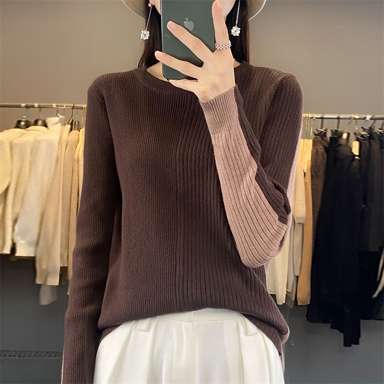 秋冬新款百搭毛衣女纯色简约时尚打底圆领针织衫,针织衫/毛衣,佳绒包芯纱店