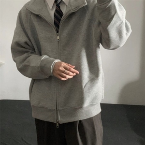 灰色开衫立领卫衣外套秋冬男oversize情侣高级感美式正肩显瘦夹克图片