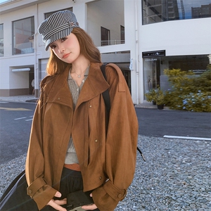 美式复古休闲风短外套女秋季2025新款仿鹿皮绒高级感宽松百搭上衣，女装短外套，帛锦泉