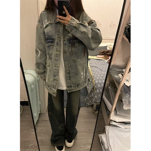 【有货】美式复古泼墨涂鸦破洞牛仔外套男女工装夹克J61HH-特P72图片