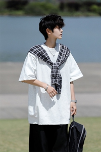 8XL-M 潮情侣美式拼接打结格子假两件短袖宽松纯棉T恤男 DX338图片