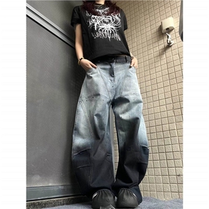 美式复古水洗渐变扎染弯刀牛仔裤男女街头潮牌百搭宽松阔腿镰刀裤图片