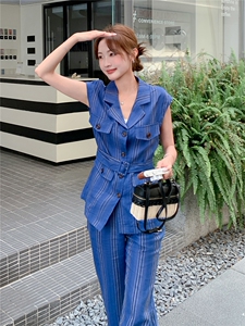 《现货26夏上新》100%亚麻条纹气质长裤收腰两件套装女图片