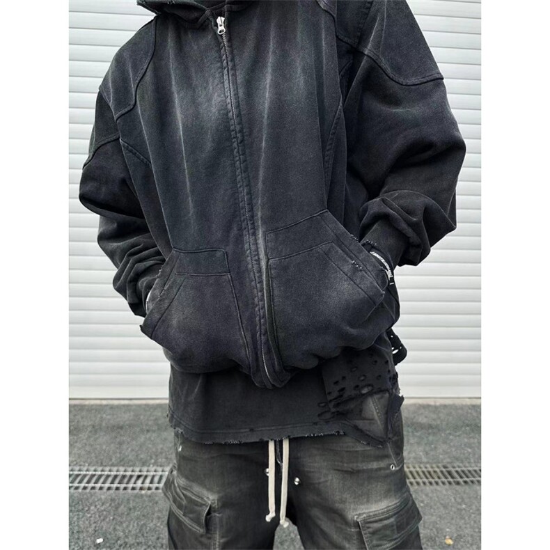 美式复古水洗做旧连帽拉链卫衣男女2025秋季新款宽松百搭外套上衣,女装短外套,四季星座505