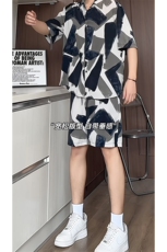 1短袖衬衫男+短裤潮流休闲套装男M-5XL大码TZ78704P50控98模特图，男装牛仔裤，星座226-2