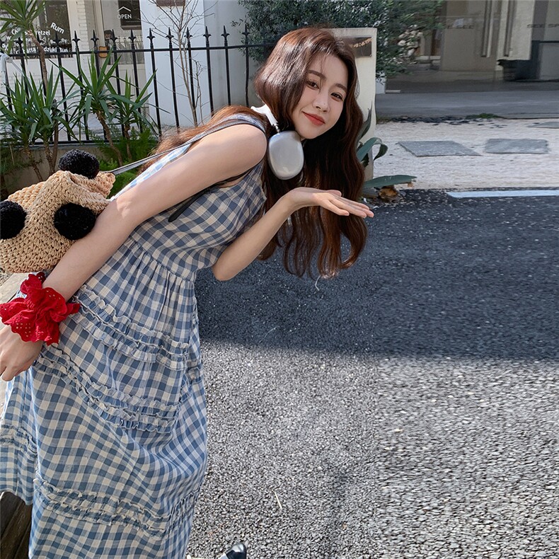 蓝色韩系减龄木耳边拼接格纹连衣裙女2025夏季复古小众气质背心裙,女装连衣裙,2C135