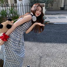 蓝色韩系减龄木耳边拼接格纹连衣裙女2025夏季复古小众气质背心裙，女装连衣裙，2C135