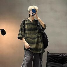 设计感v领条纹破洞t恤男款夏季短袖美式高街痞帅古着vintage衣服，男装T恤，星座506A