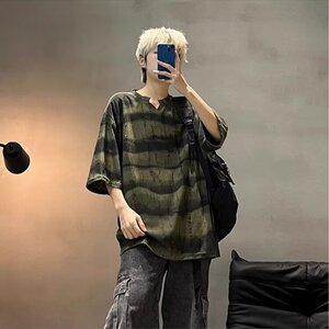 设计感v领条纹破洞t恤男款夏季短袖美式高街痞帅古着vintage衣服图片