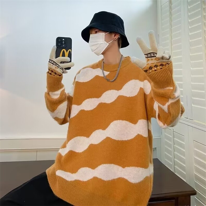 撞色条纹红色毛衣男冬季慵懒风针织衫oversize套头外套MZ571-P49,男装针织衫/毛衣,星座412-2