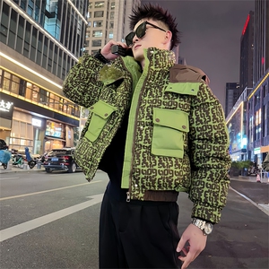 AY156/P138控178冬季社会小伙连帽百搭保暖拼接印花棉服男图首2图片