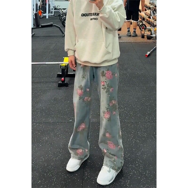 cleanfit玫瑰满印牛仔裤男春夏季阔腿裤子美式显瘦直筒休闲工装裤,男装牛仔裤,星座1116A（原606A-3）