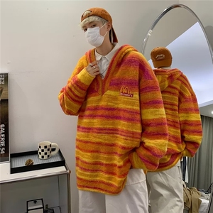 美式复古刺绣条纹连帽毛衣男女同款秋冬装宽松百搭针织衫外套,黑色短款男士呢子大衣如何搭配图片