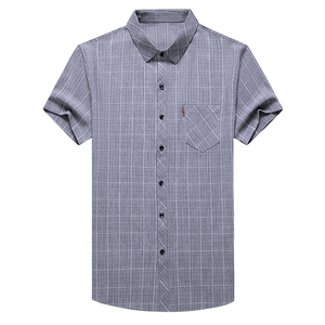 短袖格子衬衫男翻领纯色上衣服夏季中老年男士休闲百搭半袖衬衣图片