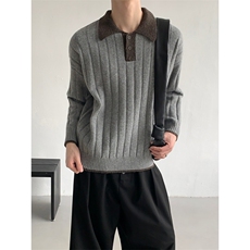 撞色针织衫秋冬季格雷系毛衣男女polo领套头宽松毛衣MY02543-P58，男装针织衫/毛衣，星座308B-2