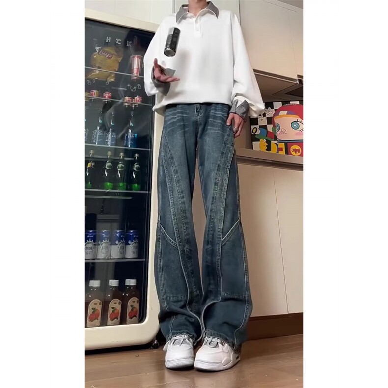 复古水洗牛仔裤男拼接直筒高腰修身裤子微喇阔腿裤HA550P49,男装牛仔裤,星座1112-1
